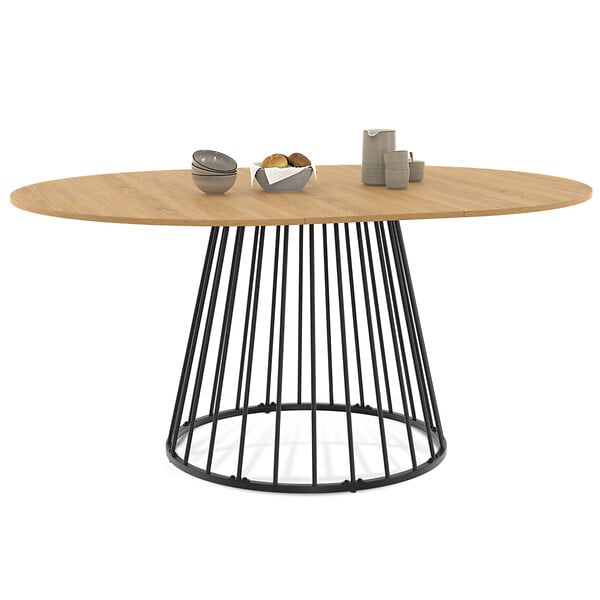 ID MARKET - Table à manger extensible ronde YUNA 4-8 personnes plateau bois et pied filaire en métal 110-150 cm - large