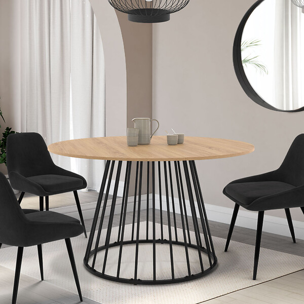 ID MARKET - Table à manger extensible ronde YUNA 4-8 personnes plateau bois et pied filaire en métal 110-150 cm - large