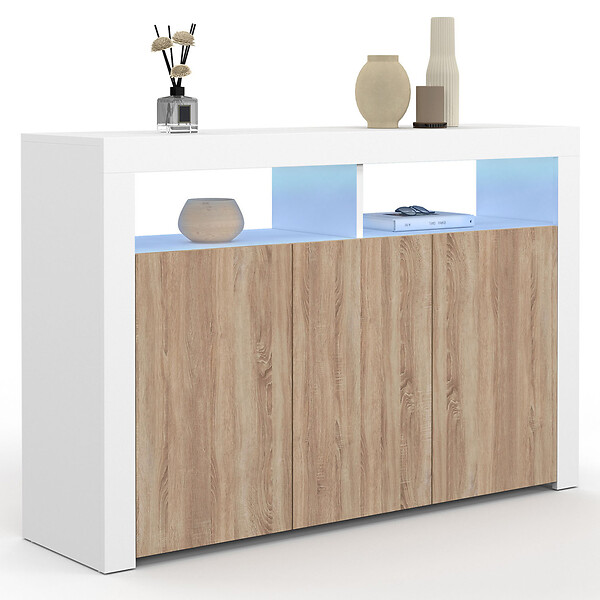 ID MARKET - Buffet 110 cm ELIGHT 3 portes avec LED et niches blanc et bois façon hêtre - large