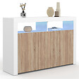ID MARKET - Buffet 110 cm ELIGHT 3 portes avec LED et niches blanc et bois façon hêtre - vignette