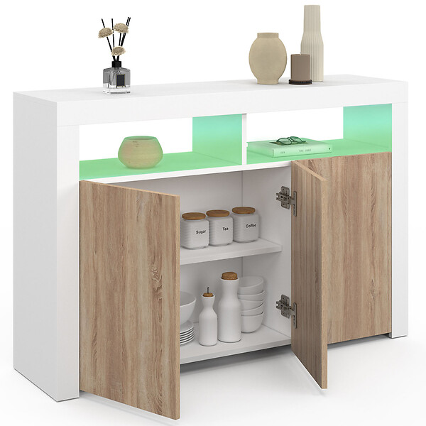 ID MARKET - Buffet 110 cm ELIGHT 3 portes avec LED et niches blanc et bois façon hêtre - large