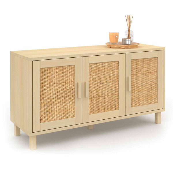 ID MARKET - Buffet bas vintage 113 cm ELIN 3 portes effet naturel cannage - large