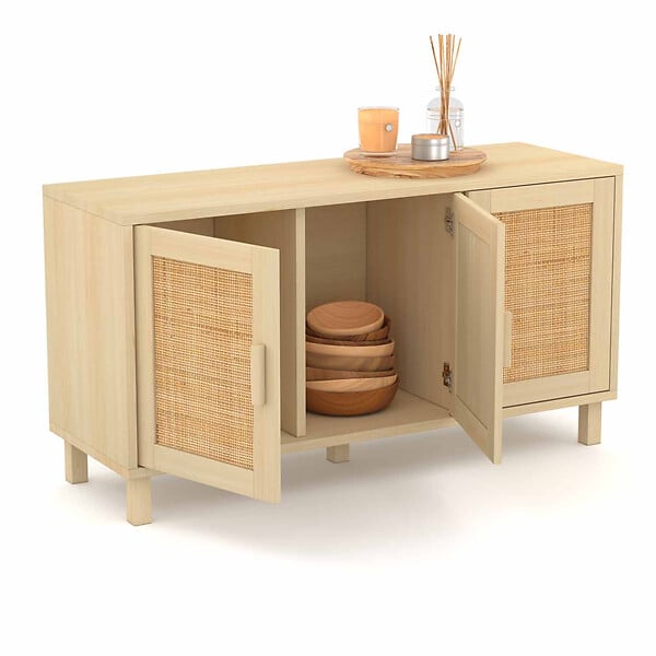 ID MARKET - Buffet bas vintage 113 cm ELIN 3 portes effet naturel cannage - large