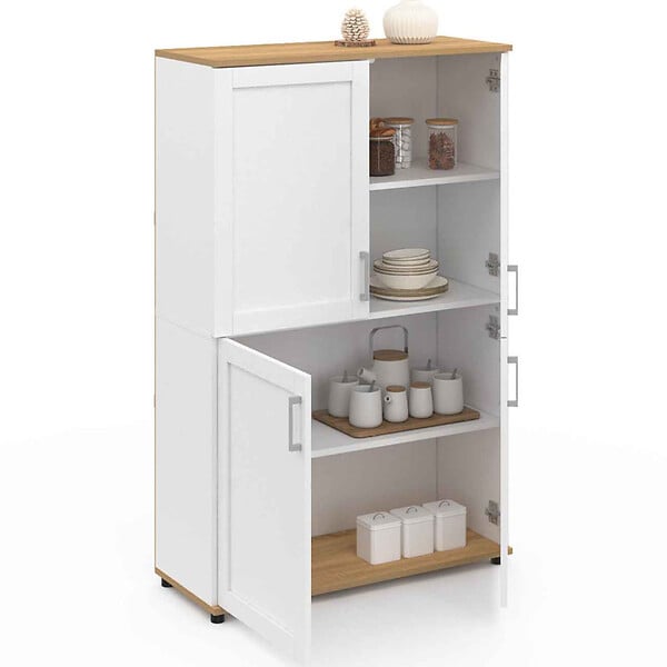 ID MARKET - Buffet haut H. 125 cm VITO 4 portes blanc et bois - large
