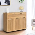 ID MARKET - Buffet 100 cm VITO 3 portes et 1 tiroir façon hêtre et poignées noires - vignette