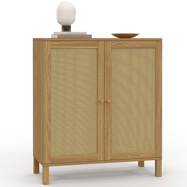 ID MARKET - Buffet d'appoint vintage 2 portes 70 cm HANAE effet naturel cannage - large