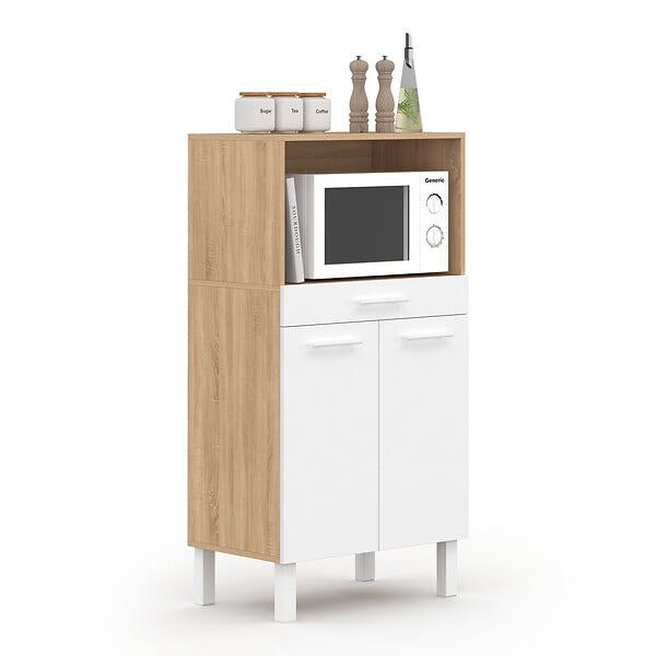 ID MARKET - Buffet mi-haut de cuisine  pour micro-onde 60 cm CINA 1 tiroir 2 portes façon hêtre et blanc - large
