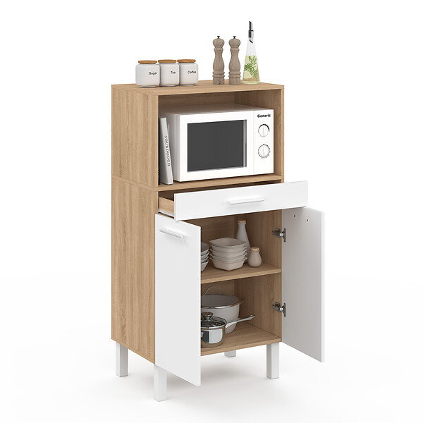 ID MARKET - Buffet mi-haut de cuisine  pour micro-onde 60 cm CINA 1 tiroir 2 portes façon hêtre et blanc - large