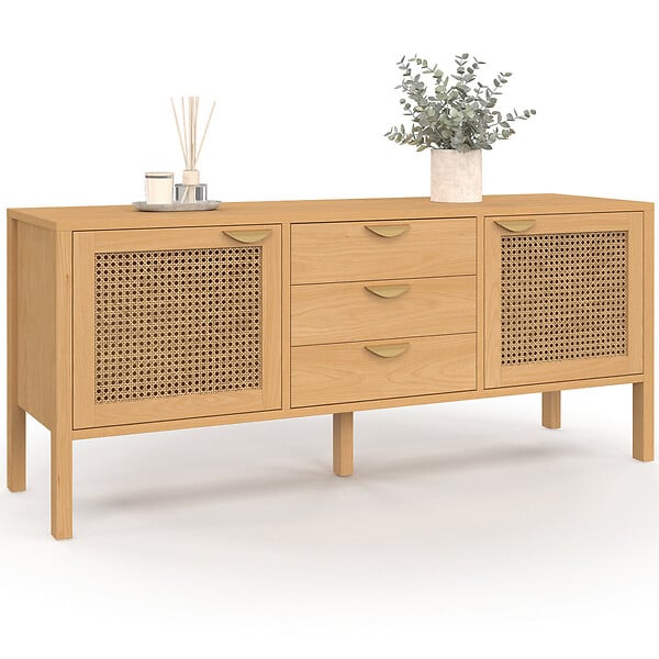 ID MARKET - Buffet bas 140 cm EDHEN 2 portes et 3 tiroirs bois et cannage - large