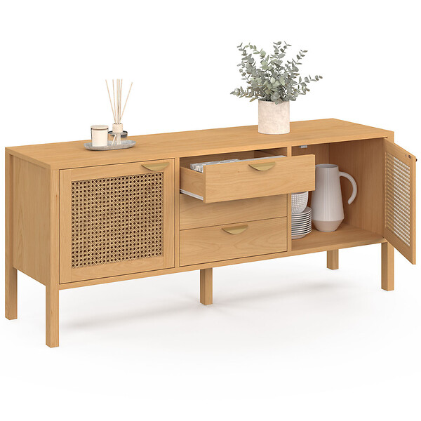 ID MARKET - Buffet bas 140 cm EDHEN 2 portes et 3 tiroirs bois et cannage - large