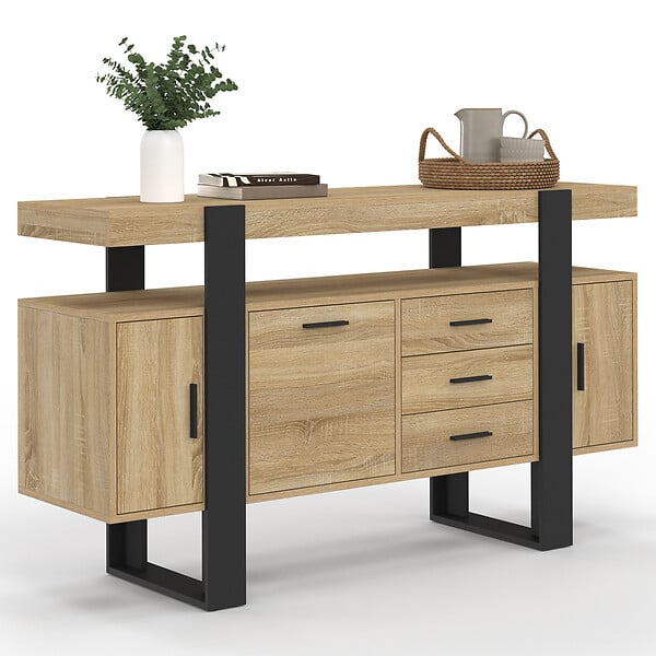 ID MARKET - Buffet 140 cm PHOENIX 3 portes et 3 tiroirs bois et noir - large