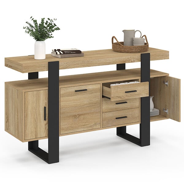 ID MARKET - Buffet 140 cm PHOENIX 3 portes et 3 tiroirs bois et noir - large