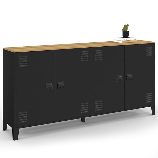 ID MARKET - Buffet 160cm ESTER 4 portes en métal noir plateau bois design industriel - large