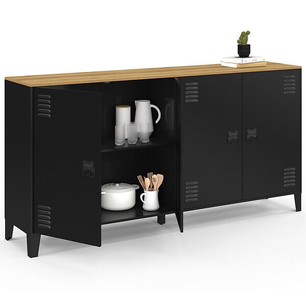 ID MARKET - Buffet 160cm ESTER 4 portes en métal noir plateau bois design industriel - large