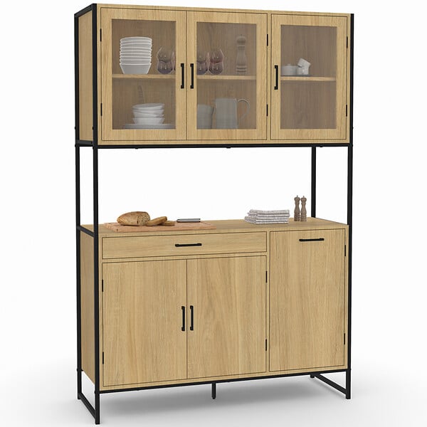 ID MARKET - Buffet de cuisine vitré 120 CM DETROIT meuble vaisselier 6 portes design industriel + tiroir - large