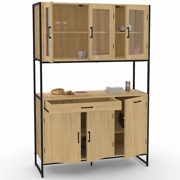 ID MARKET - Buffet de cuisine vitré 120 CM DETROIT meuble vaisselier 6 portes design industriel + tiroir - large