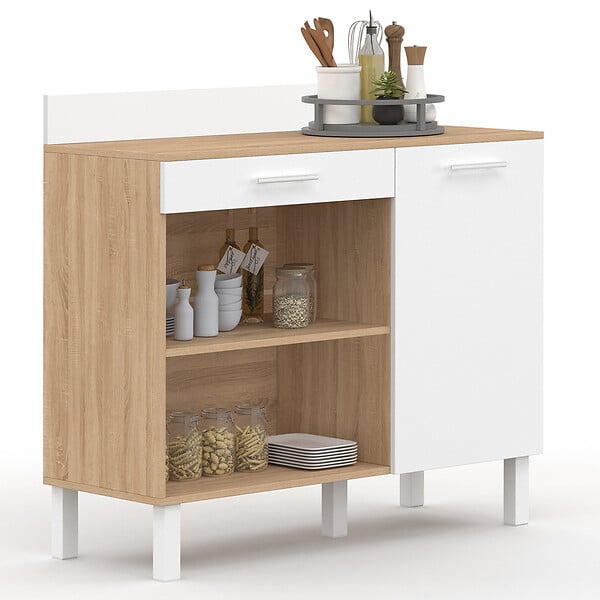 ID MARKET - Buffet bas de cuisine 100 cm CINA plan de travail H.83 cm 1 porte + 1 tiroir façon hêtre et blanc - large