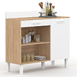 ID MARKET - Buffet bas de cuisine 100 cm CINA plan de travail H.83 cm 1 porte + 1 tiroir façon hêtre et blanc - vignette