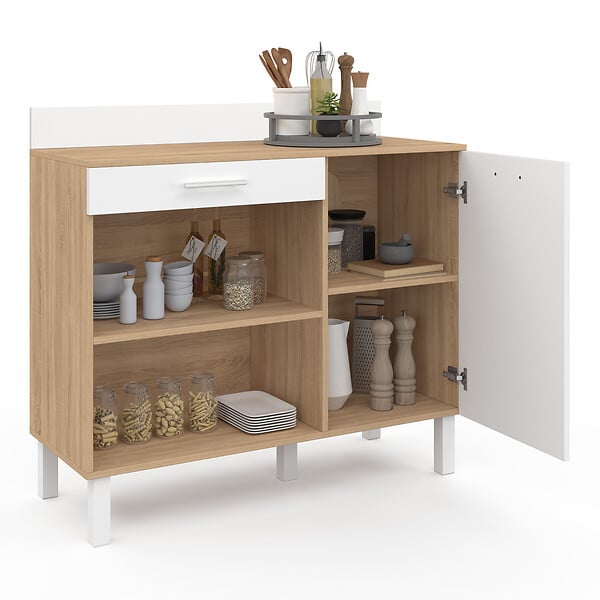ID MARKET - Buffet bas de cuisine 100 cm CINA plan de travail H.83 cm 1 porte + 1 tiroir façon hêtre et blanc - large