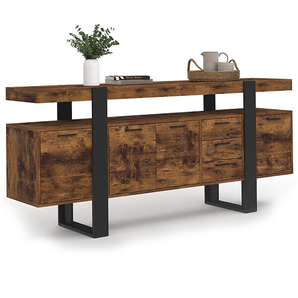 ID MARKET - Buffet 180 cm PHOENIX XXL 4 portes avec 3 tiroirs bois effet vieilli et noir - large