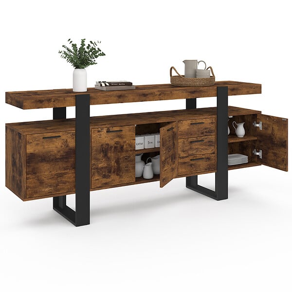 ID MARKET - Buffet 180 cm PHOENIX XXL 4 portes avec 3 tiroirs bois effet vieilli et noir - large