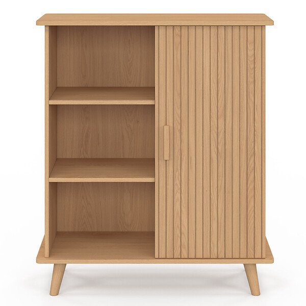 ID MARKET - Buffet d'appoint 3 étagères et placard 70 cm JULIETTE effet lattes tasseau bois - large
