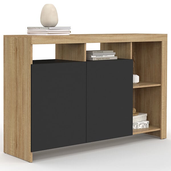 ID MARKET - Buffet 110 cm MALO bois façon hêtre et portes noires - large