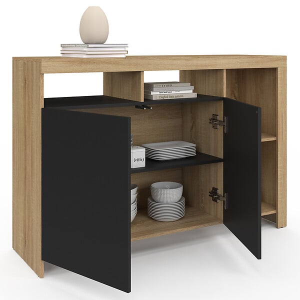 ID MARKET - Buffet 110 cm MALO bois façon hêtre et portes noires - large