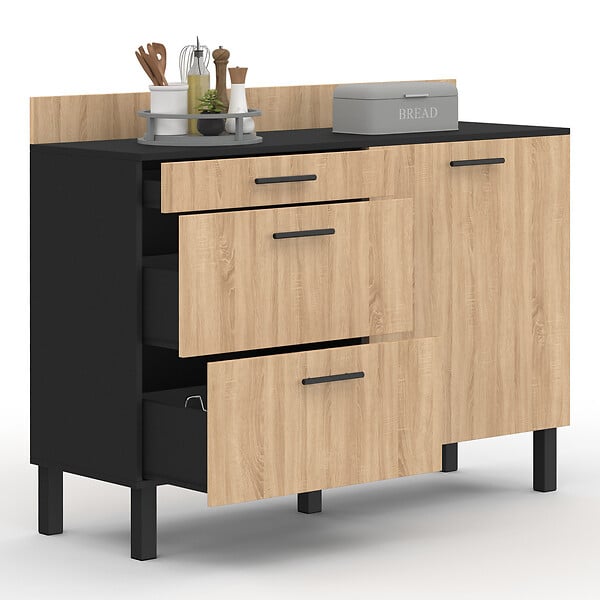 ID MARKET - Buffet bas casserolier de cuisine 120 cm CINA plan de travail H.83 cm 1 porte + 3 tiroirs noir et façon hêtre - large