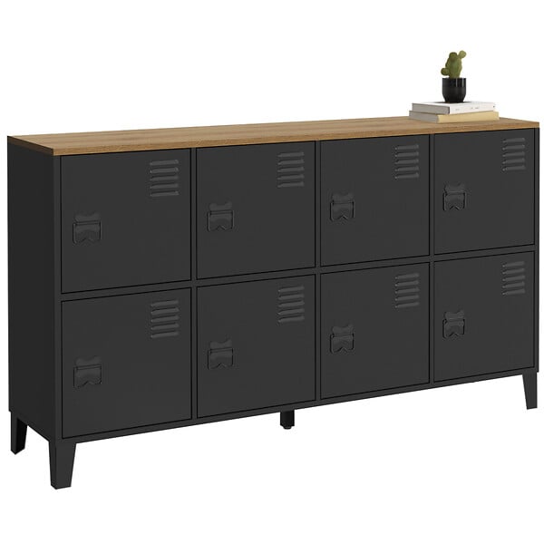 ID MARKET - Buffet casier 139 cm ESTER 8 portes en métal noir plateau bois design industriel - large