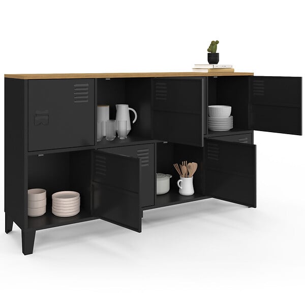 ID MARKET - Buffet casier 139 cm ESTER 8 portes en métal noir plateau bois design industriel - large