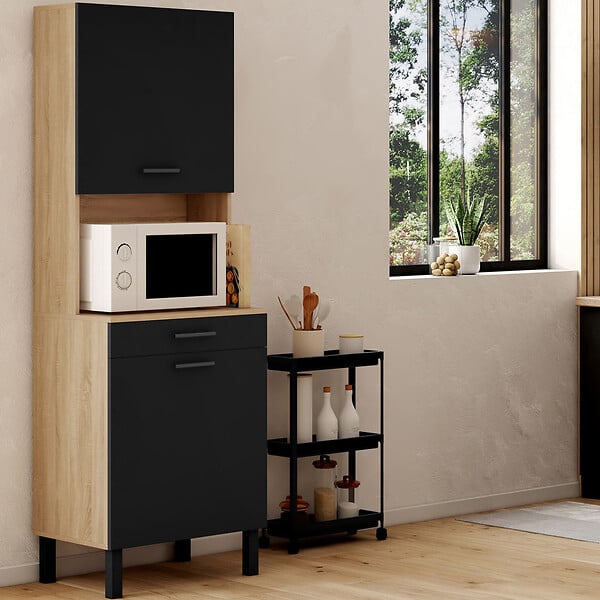 ID MARKET - Buffet de cuisine 60 CM CINA 2 portes + tiroir façon hêtre et noir - large