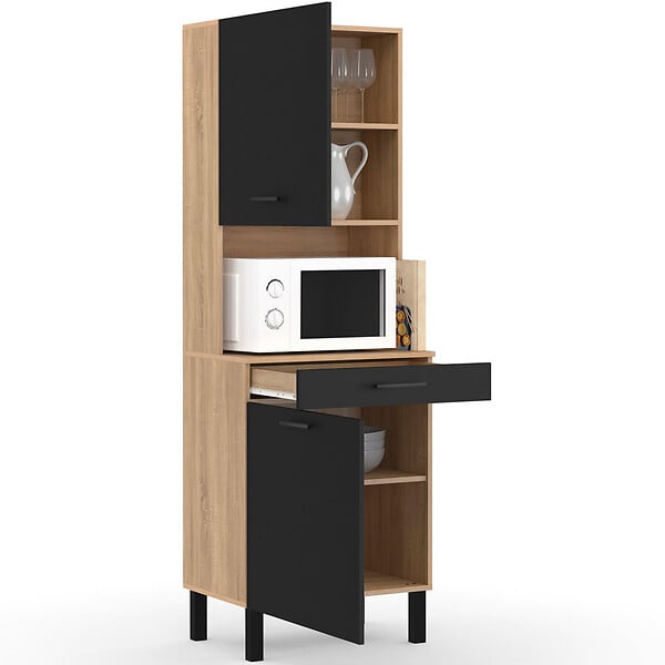 ID MARKET - Buffet de cuisine 60 CM CINA 2 portes + tiroir façon hêtre et noir - large