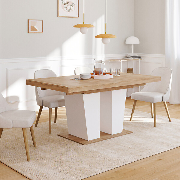ID MARKET - Table à manger extensible rectangle ELIAD 6-10 personnes bois et blanc 160-200 cm - large