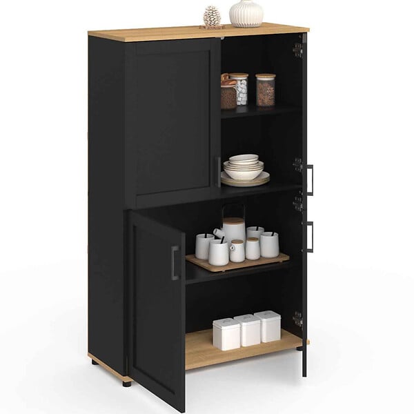 ID MARKET - Buffet haut H. 125 cm VITO 4 portes noir et bois - large