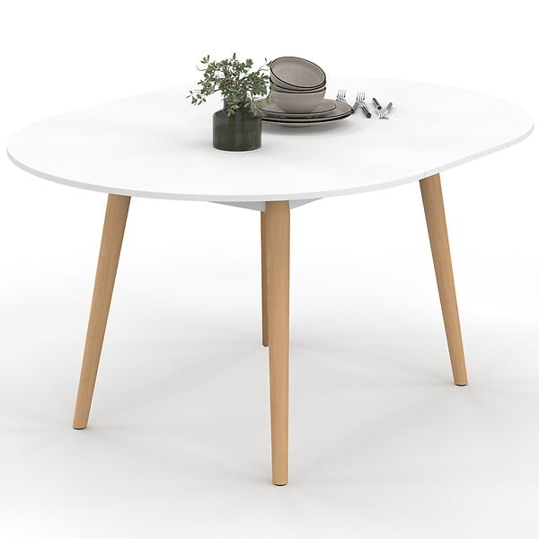 ID MARKET - Table à manger extensible ronde ANGELA 4-8 personnes blanc pied bois 110 - 150 cm - large