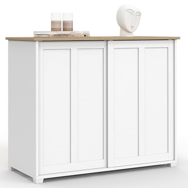 ID MARKET - Buffet 100 cm JANGO 2 portes coulissantes blanc et plateau bois - large