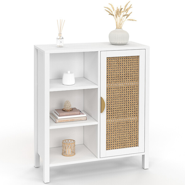 ID MARKET - Buffet d'appoint 3 étagères et placard 70 cm EDHEN bois blanc et cannage - large
