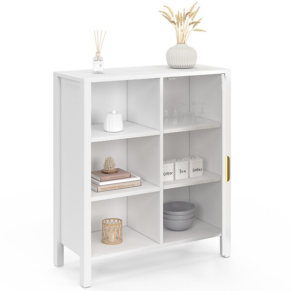 ID MARKET - Buffet d'appoint 3 étagères et placard 70 cm EDHEN bois blanc et cannage - large