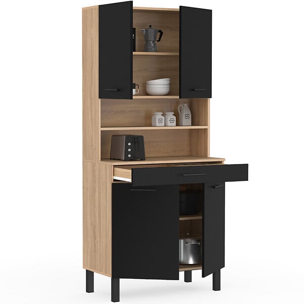 ID MARKET - Buffet de cuisine 80 CM CINA 4 portes + tiroir façon hêtre et noir - large