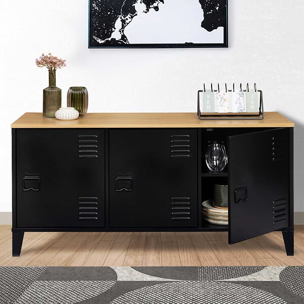 ID MARKET - Buffet bas 113 cm ESTER 3 portes métal noir plateau bois design industriel - large