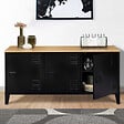 ID MARKET - Buffet bas 113 cm ESTER 3 portes métal noir plateau bois design industriel - vignette
