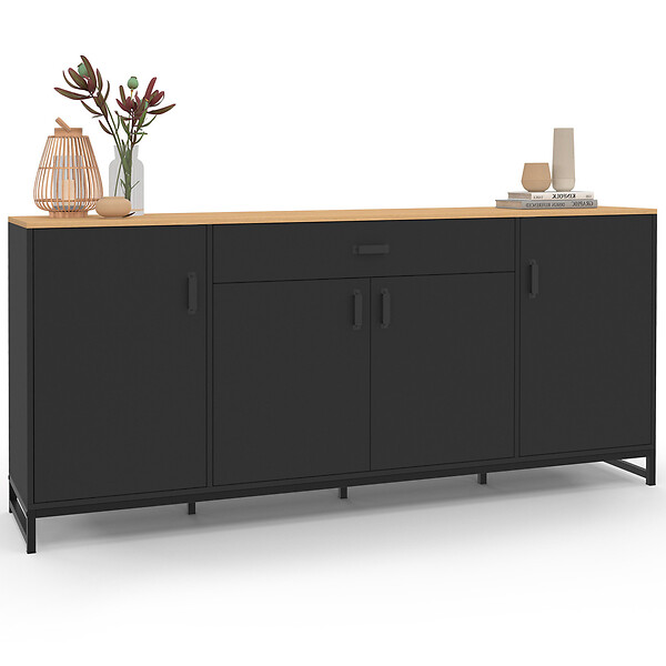 ID MARKET - Buffet 180 cm WASHINGTON XXL 4 portes et 1 tiroir bois et noir - large