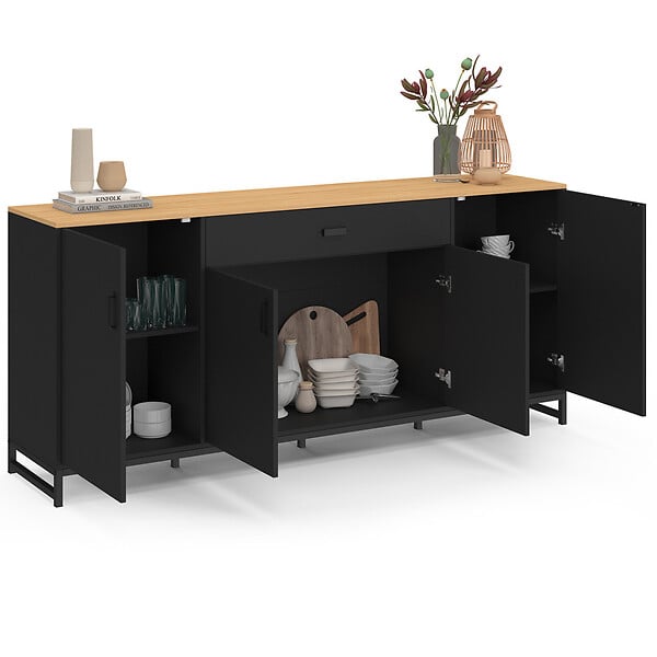ID MARKET - Buffet 180 cm WASHINGTON XXL 4 portes et 1 tiroir bois et noir - large