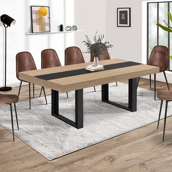 ID MARKET - Table à manger extensible rectangle PHOENIX 6-12 personnes bois et noir bande centrale noire 200-300 cm - large