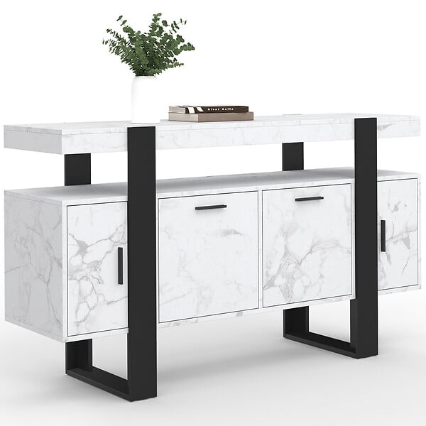 ID MARKET - Buffet 140 cm PHOENIX 4 portes effet marbre blanc ALASKA et noir - large