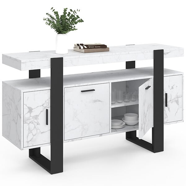 ID MARKET - Buffet 140 cm PHOENIX 4 portes effet marbre blanc ALASKA et noir - large