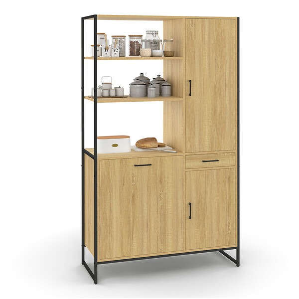 ID MARKET - Buffet de cuisine avec colonne de rangement 100 CM DETROIT 3 portes + tiroir design industriel - large
