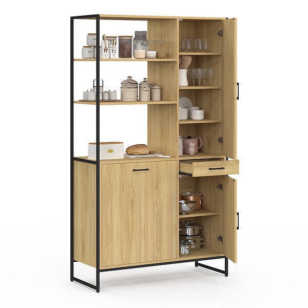 ID MARKET - Buffet de cuisine avec colonne de rangement 100 CM DETROIT 3 portes + tiroir design industriel - large