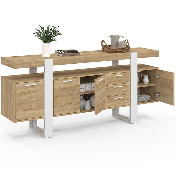 ID MARKET - Buffet 180 cm PHOENIX XXL 4 portes avec 3 tiroirs bois et blanc - large